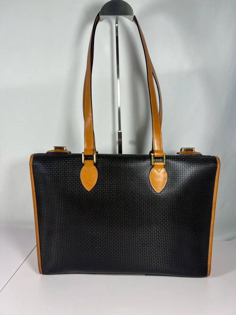 3077: Vintage Bally Micro B Monogram Black & Tan Leather Tote